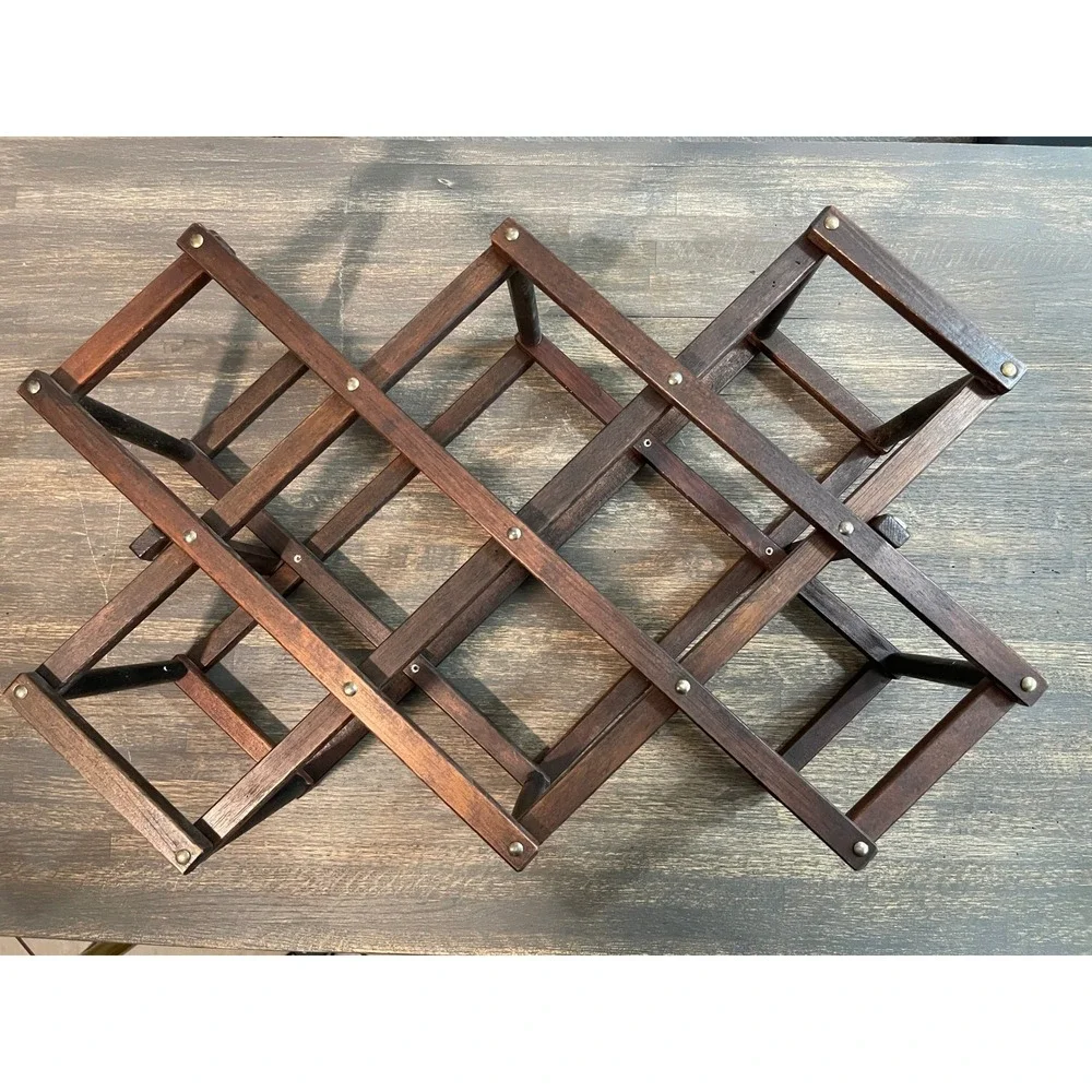 Vintage Wood Accordion Wine Rack 10 Bottle Collapsible Folding Countertop Brown